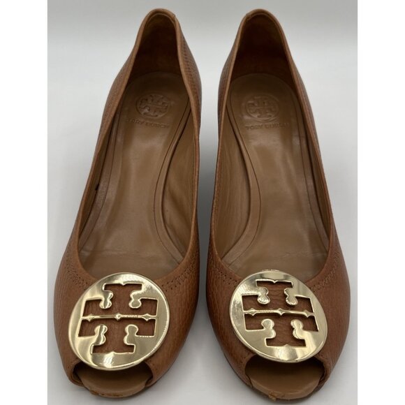 Tory Burch Brown Leather Sally Wedge Gold Logo Peep Toe Pump Women Size 10M - Picture 2 of 10